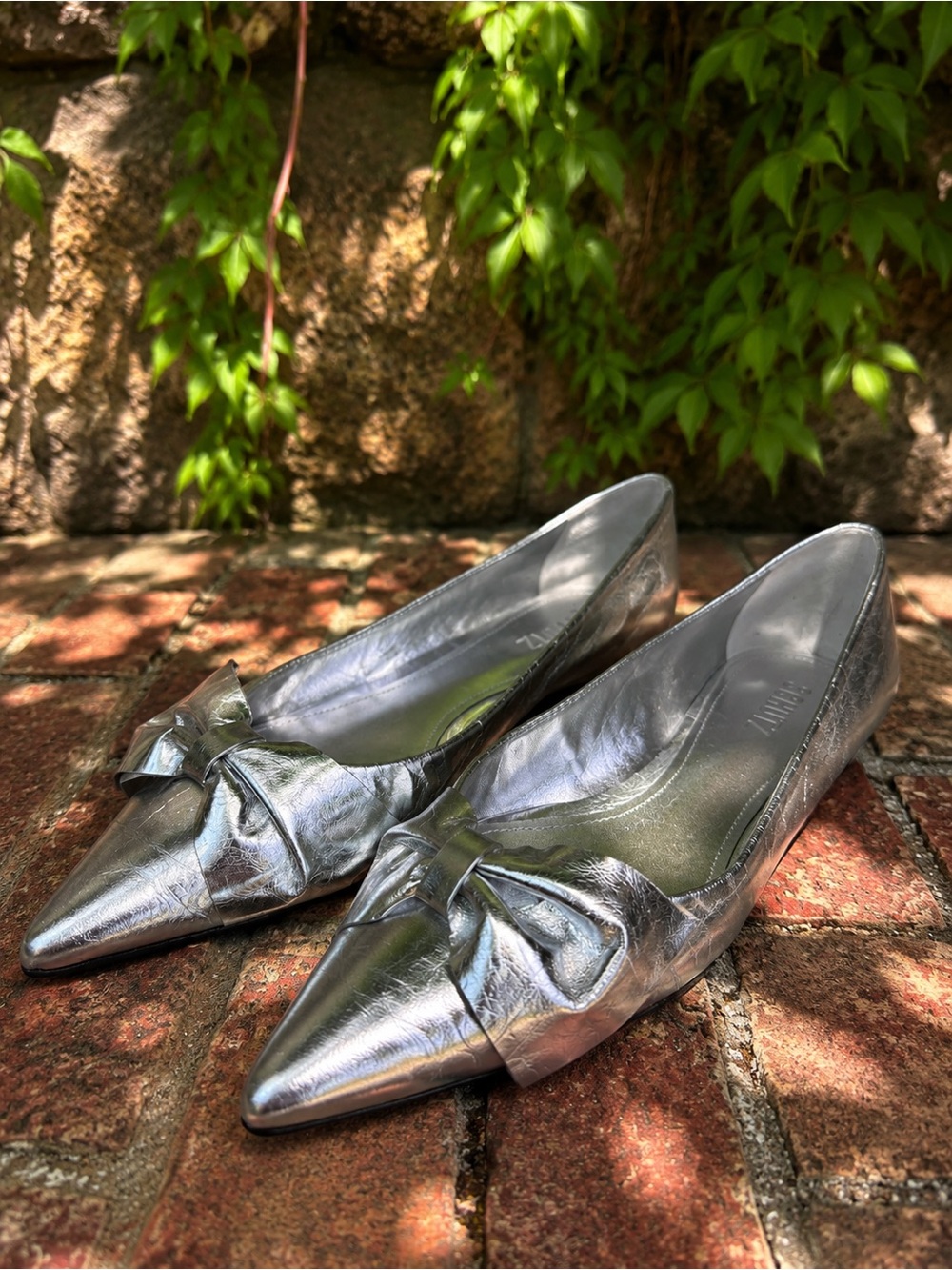 SHUTZ Quiet Luxury Silver Lyla Leather Pointed Toe Ballet Flat, 9 (runs large)